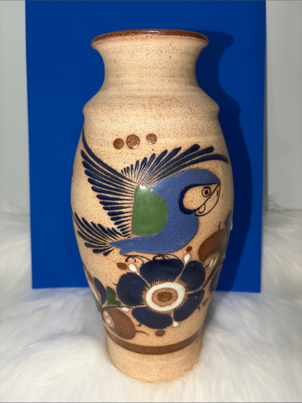 Mexico Handcrafted Blue Parrot Ceramic Vase by